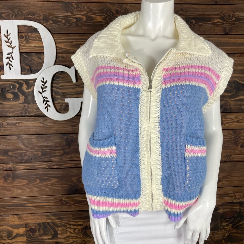 Bailey Rose | Chunky Ribbed Knit Colorblock Stripe Oversized‎ Zip Up Vest Horse
